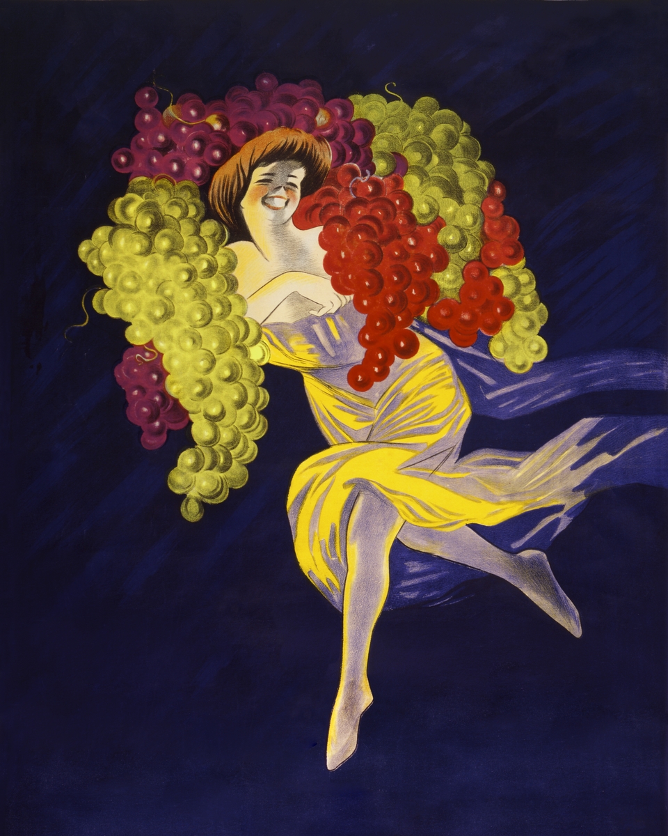 vintage woman smiling carrying abundance of grapes