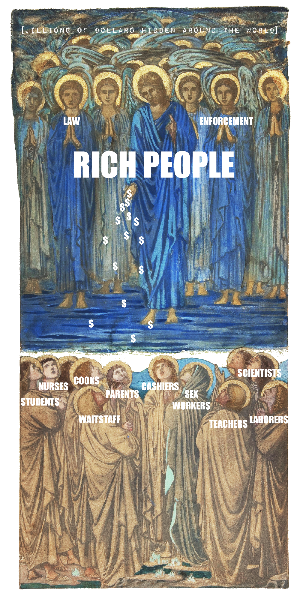 rich on top giving little money to poor on bottom