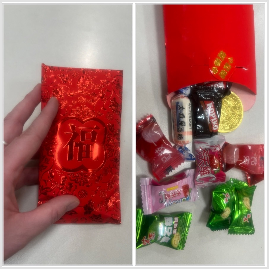 Asian candy spilling forth from a deep red envelope