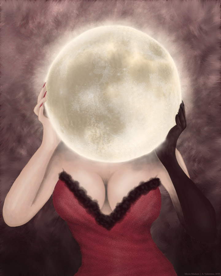 mystery woman with cleavage holding the moon in front of her face