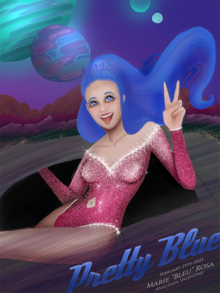 blue-haired girl in moving car smiling with peace sign with alien landscape in background