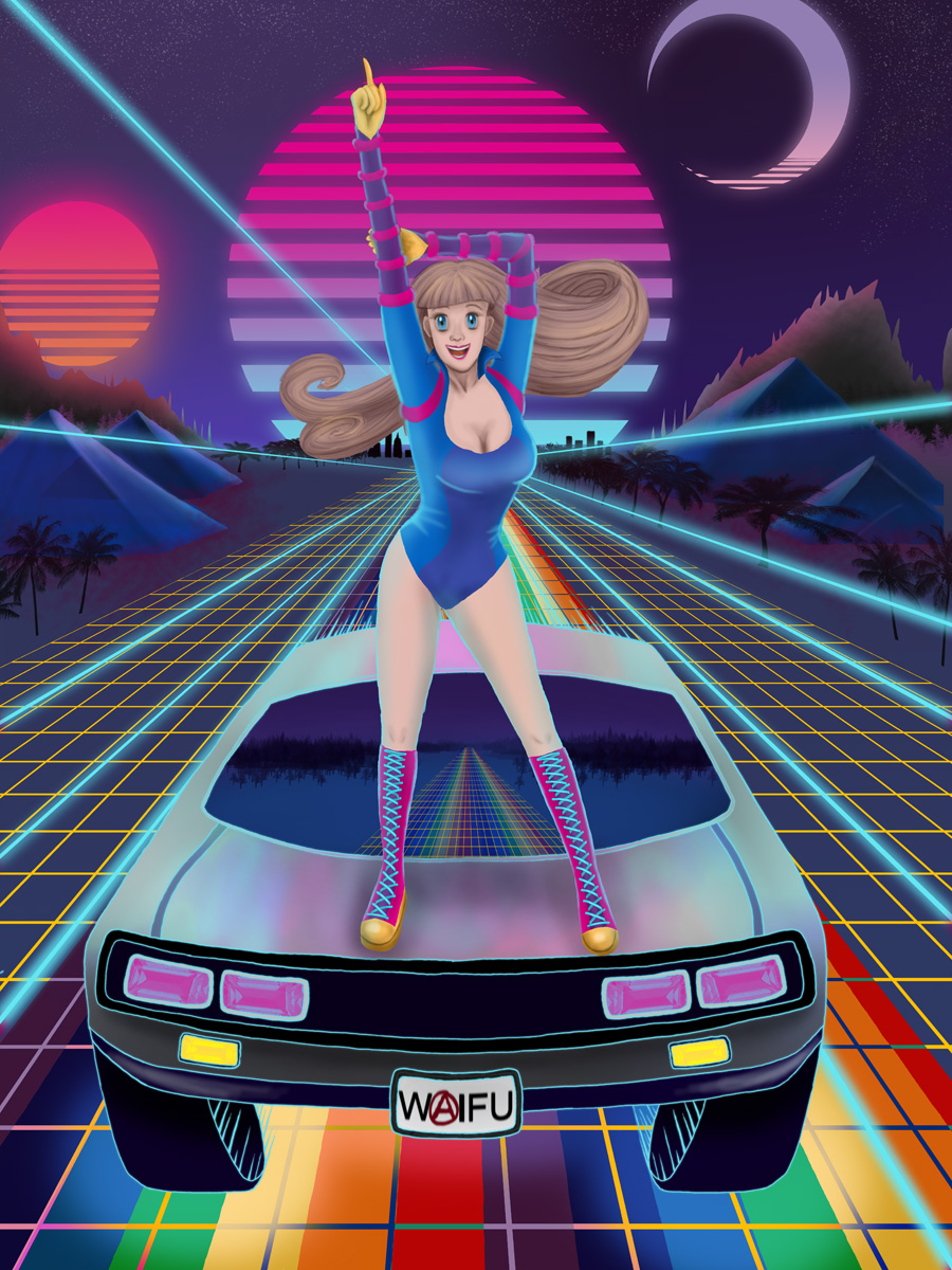 vaporwave landscape girl standing on top of speeding DeLorean with peace sign and license plate says waifu